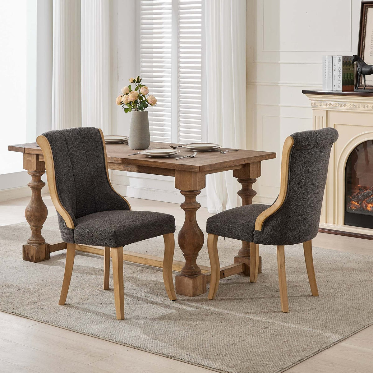 Gray Mid-Century Dining Chairs with Velvet Fabric and Solid Wood Trim
