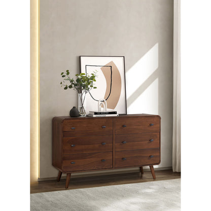 Dark Walnut 6-Drawer Bedroom Dresser - Pine Wood