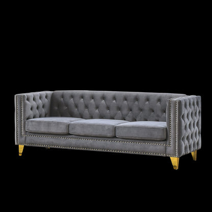 Gray Velvet Chesterfield Sofa - 3 Seat Couch