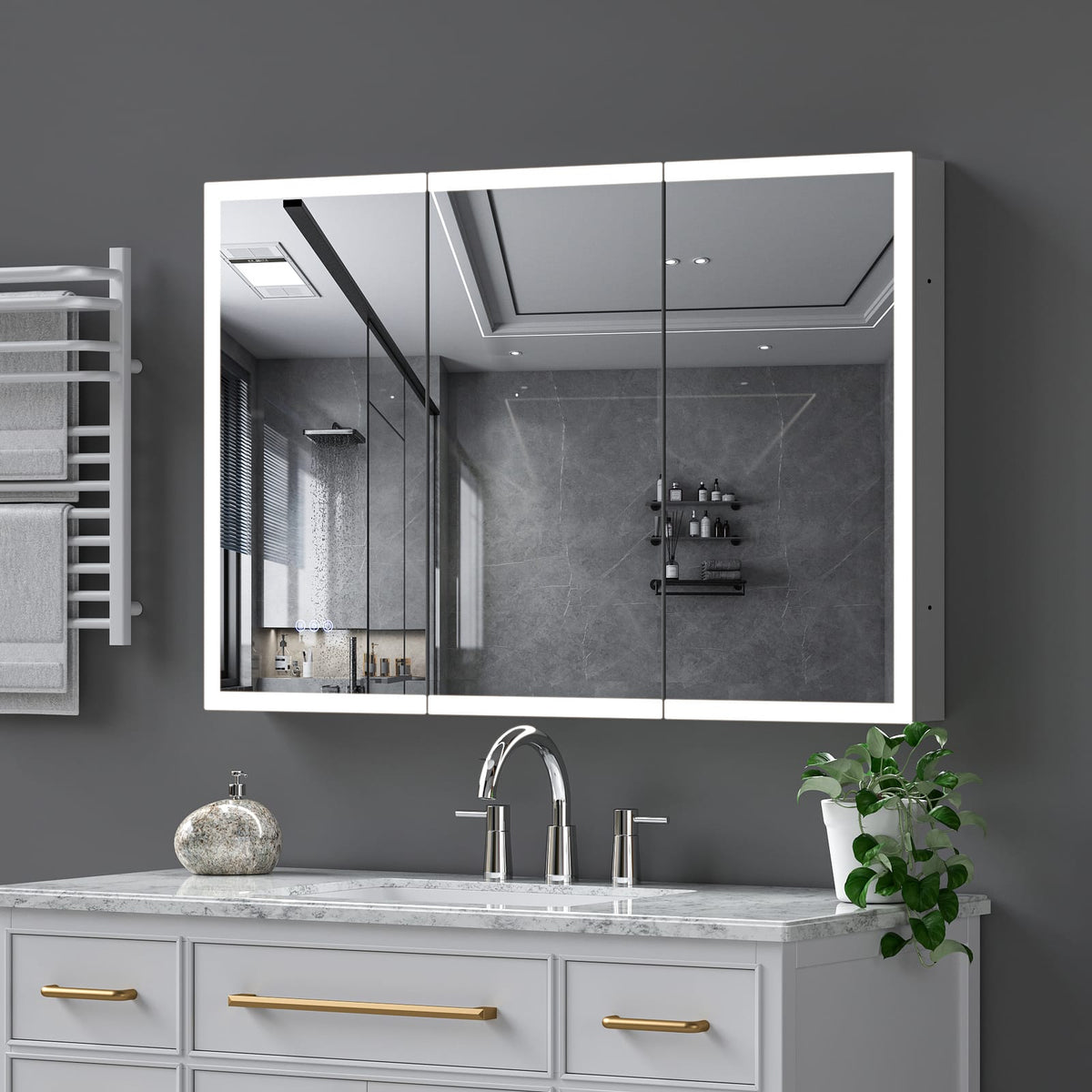 LED Medicine Cabinet with Mirror - 48x32 Inch Silver Storage for Bathroom