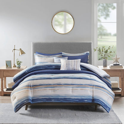 8 Piece Blue Seersucker Comforter Set - King Size