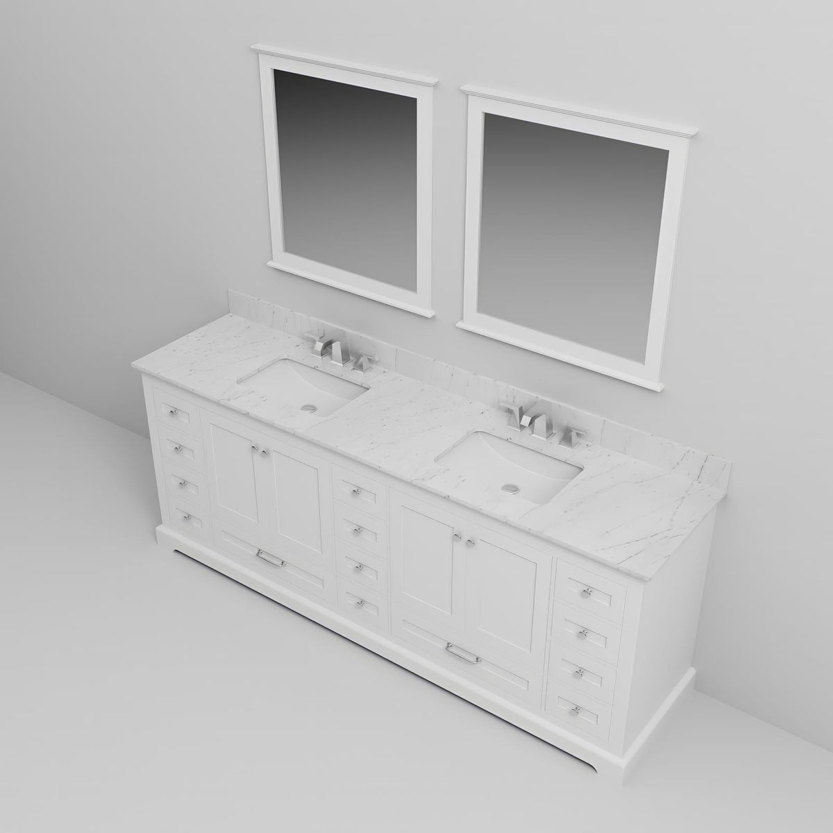 White Double Bath Vanity - Carrara Marble Top, Faucet Included