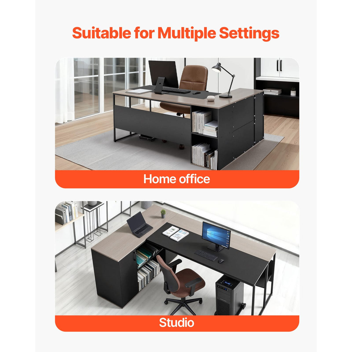 L-Shaped Executive Desk - Large Black+Grey Iron Office Table with Drawers & Storage
