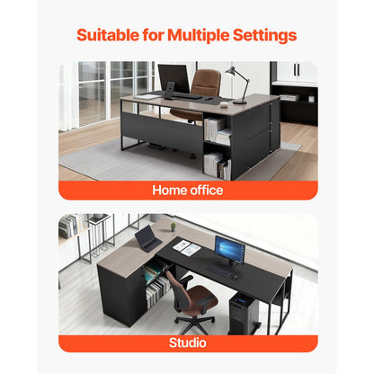 L-Shaped Executive Desk - Large Black+Grey Iron Office Table with Drawers & Storage