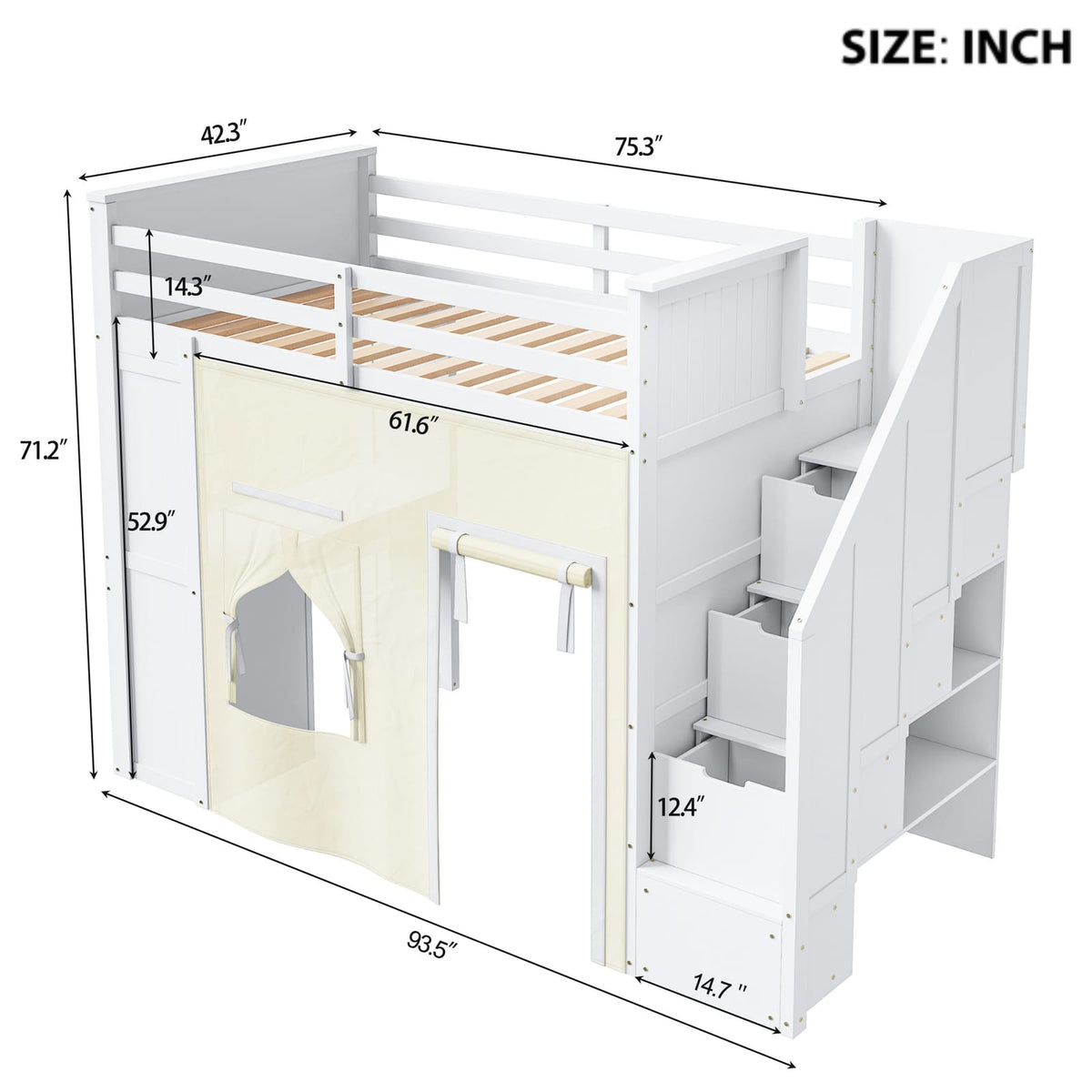 Twin Size Loft Bed with Desk - White MDF, Pine