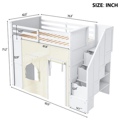 Twin Size Loft Bed with Desk - White MDF, Pine