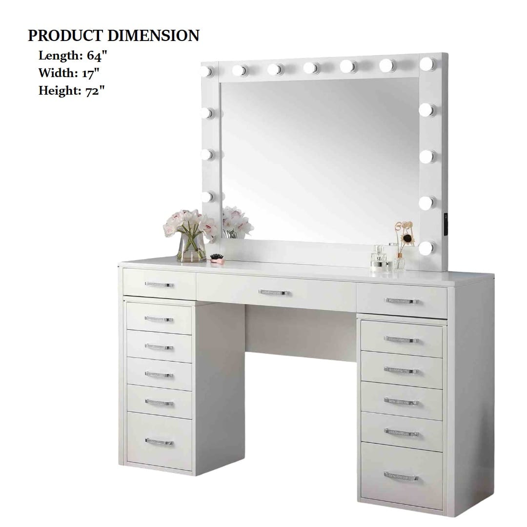 Glam Vanity Set - 5 Drawers White Solid Wood Bedroom Storage