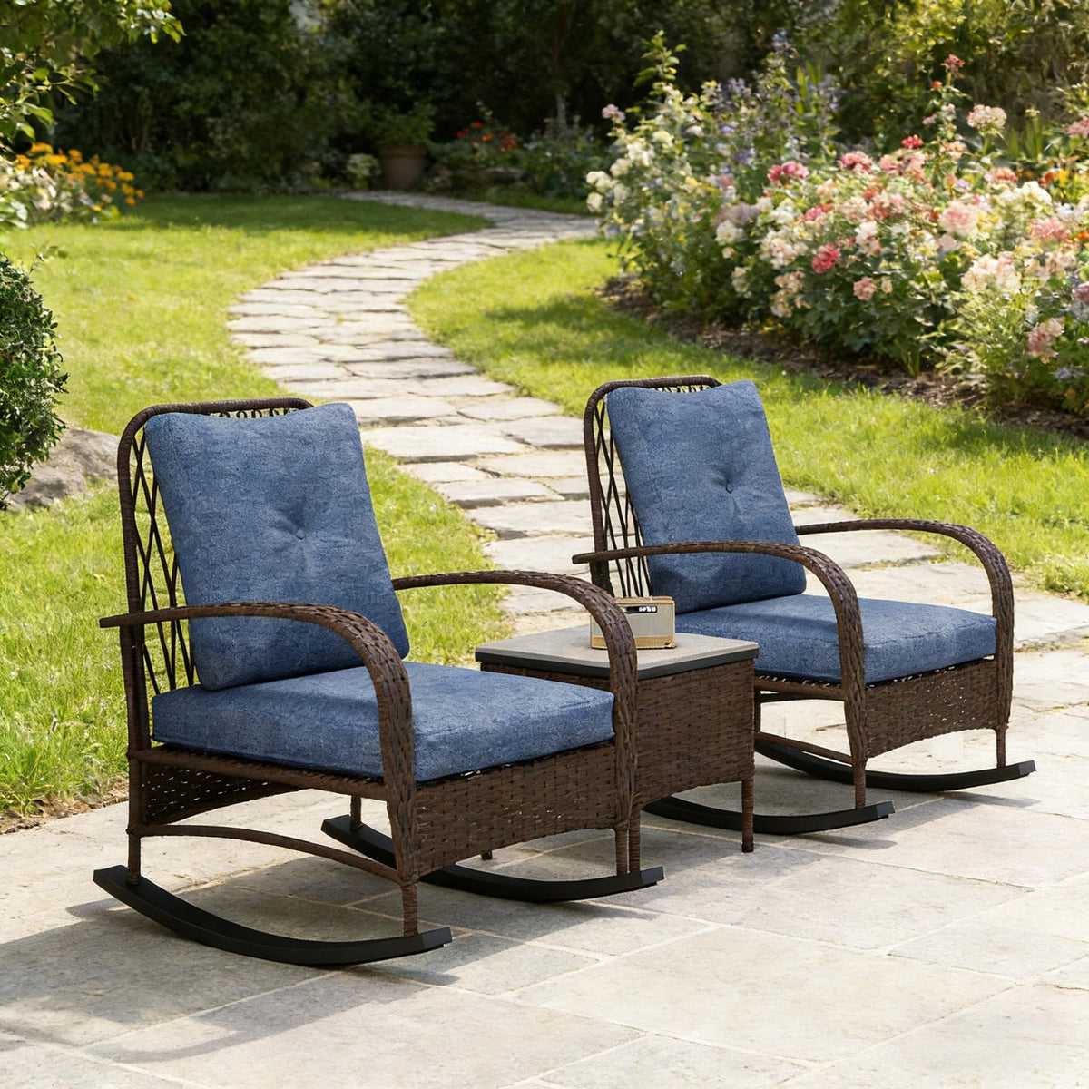 Brown Dark Blue Rattan Bistro Set for Your Patio Garden