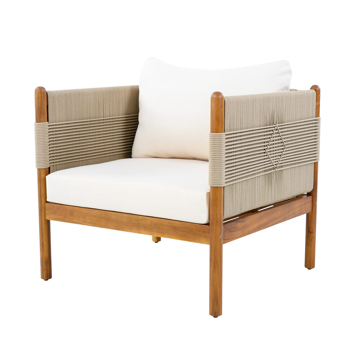 Beige Cream Teak Acacia Wood Club Chair with Cushions - Patio Seating