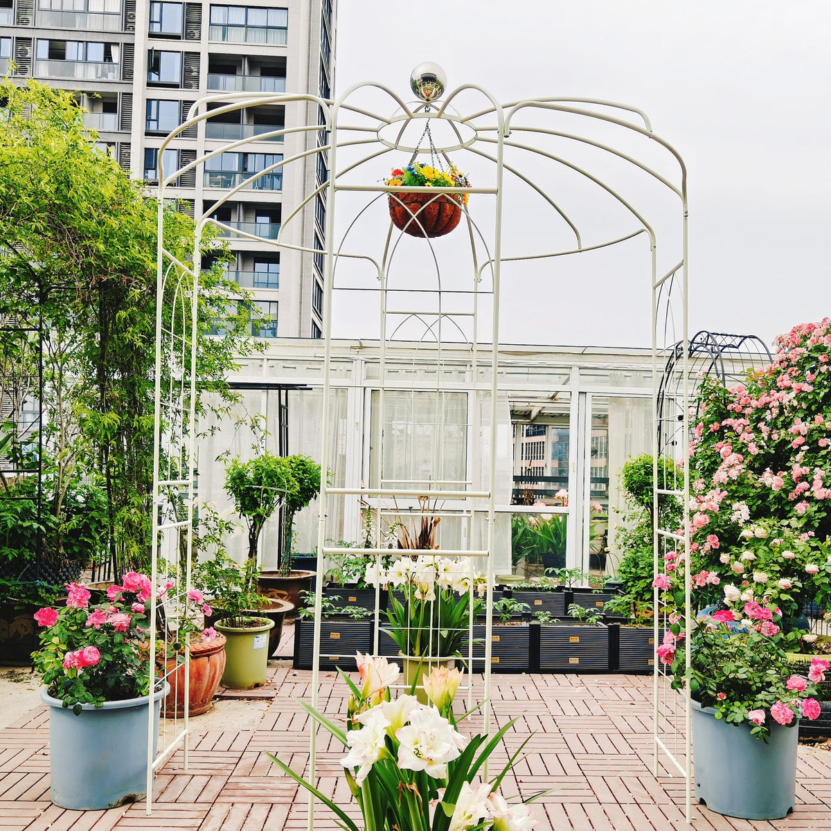 Cream White Iron Garden Arch - 6.8ft High