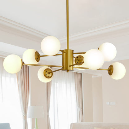 35" Modern Gold Chandelier with White Glass Shades - Dining Room Lighting