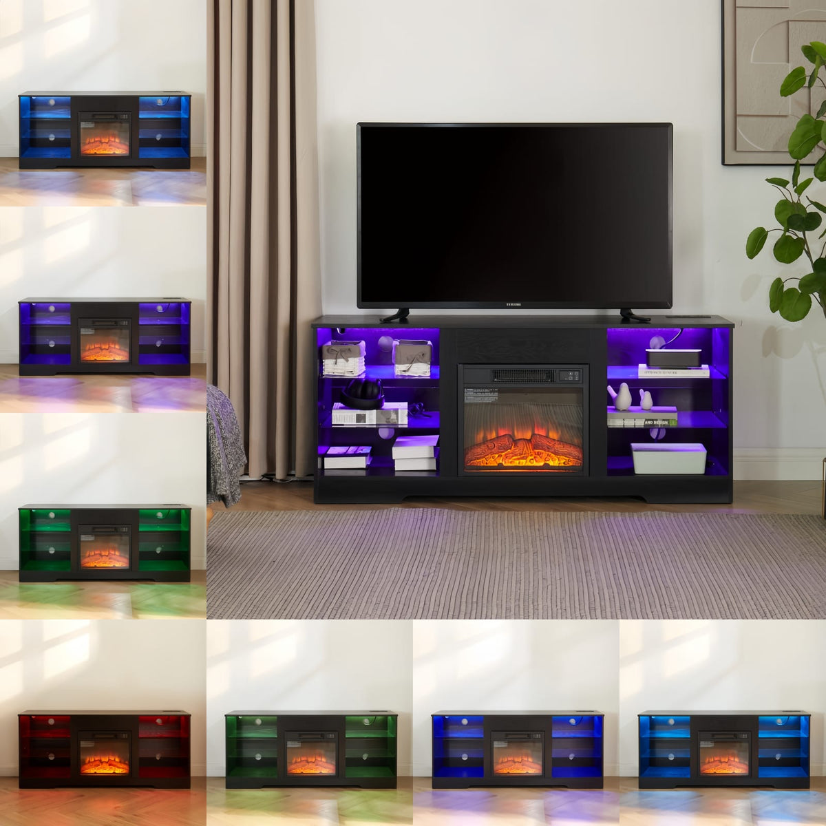 TV Stand with Electric Fireplace - 58" TV Storage Black