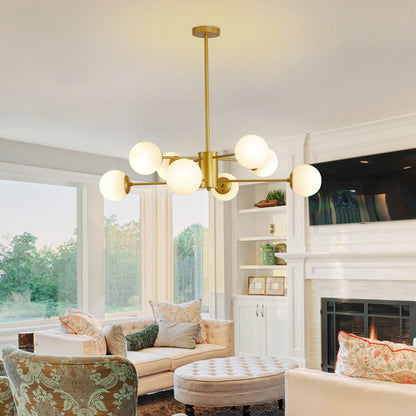 35" Modern Gold Chandelier with White Glass Shades - Dining Room Lighting
