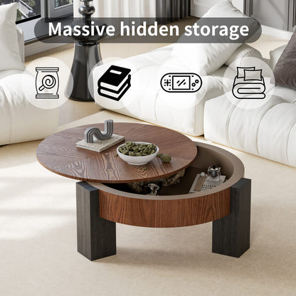 Round Coffee Table with Hidden Storage, Modern Walnut Wood Accent for Living Room