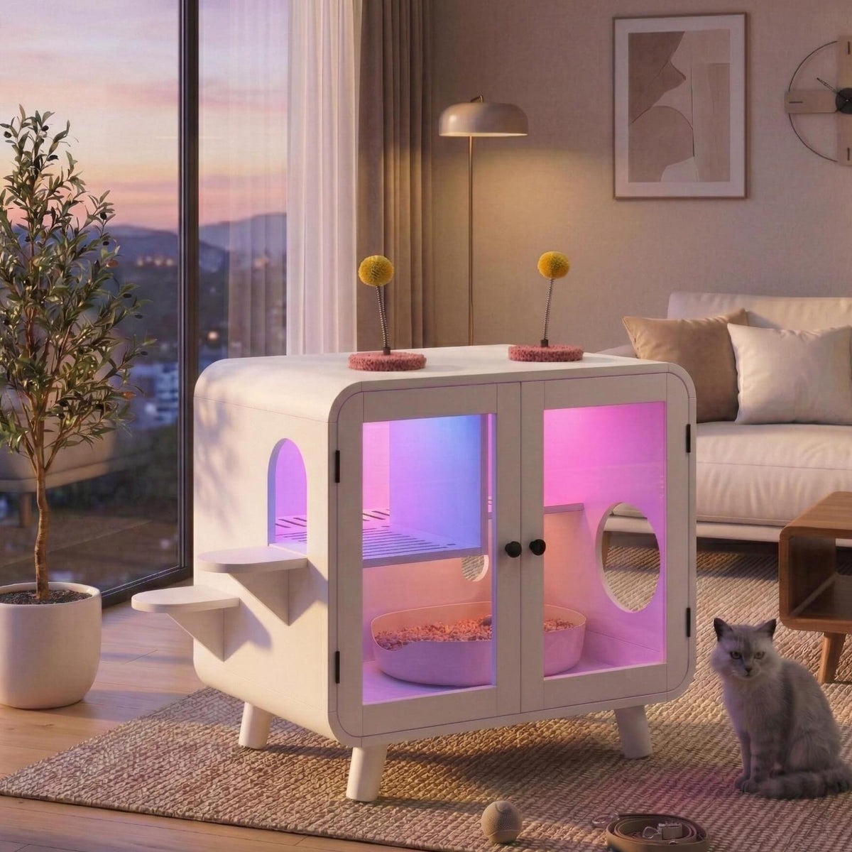 White Cat Cabinet with Litter Box - TV Style Pet Bed