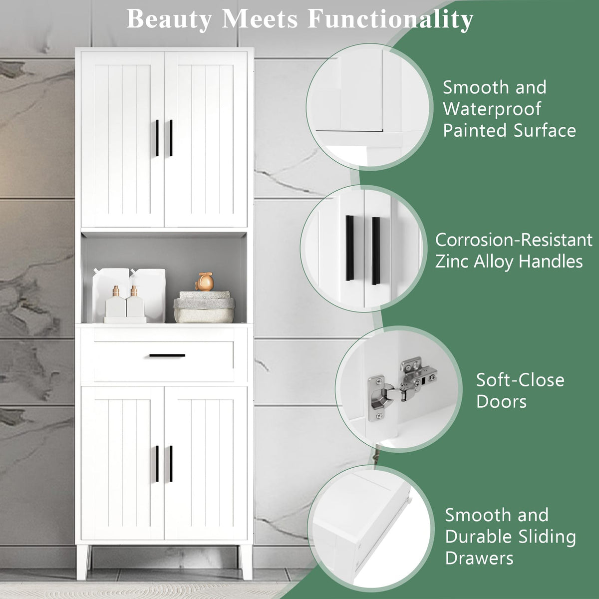 White Bathroom Cabinet with Drawer & Shelves - 70.9" Tall
