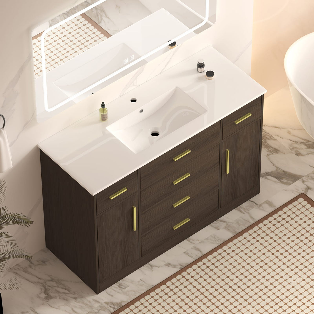 48" Dark Brown Bathroom Vanity - Storage Cabinet with Soft-Close Doors