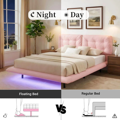 Queen Pink Upholstered Bed Frame - Button Tufted Headboard, No Box Spring Needed