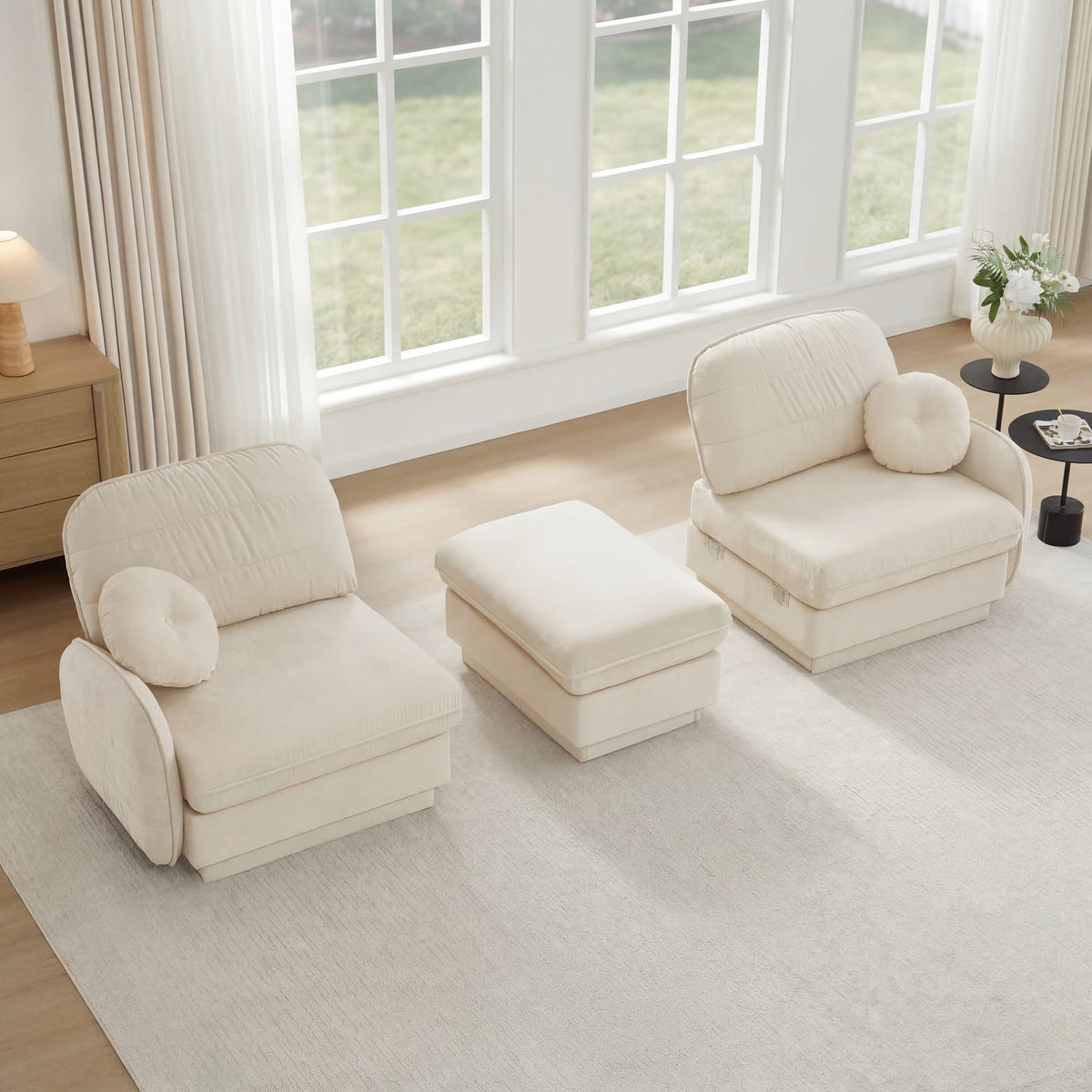 Cream Beige Chenille Cloud Sofa with Ottoman, Modular L-Shape Lounge for Living Room