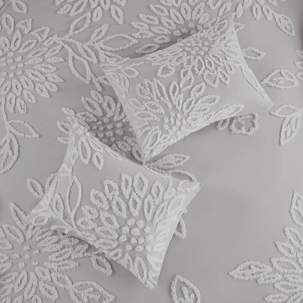 Queen Grey Cotton Chenille Duvet Cover Set - Floral Tufted