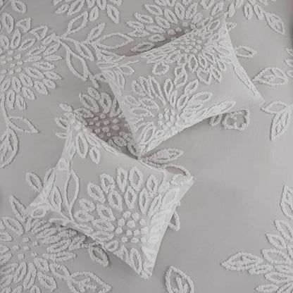 Queen Grey Cotton Chenille Duvet Cover Set - Floral Tufted