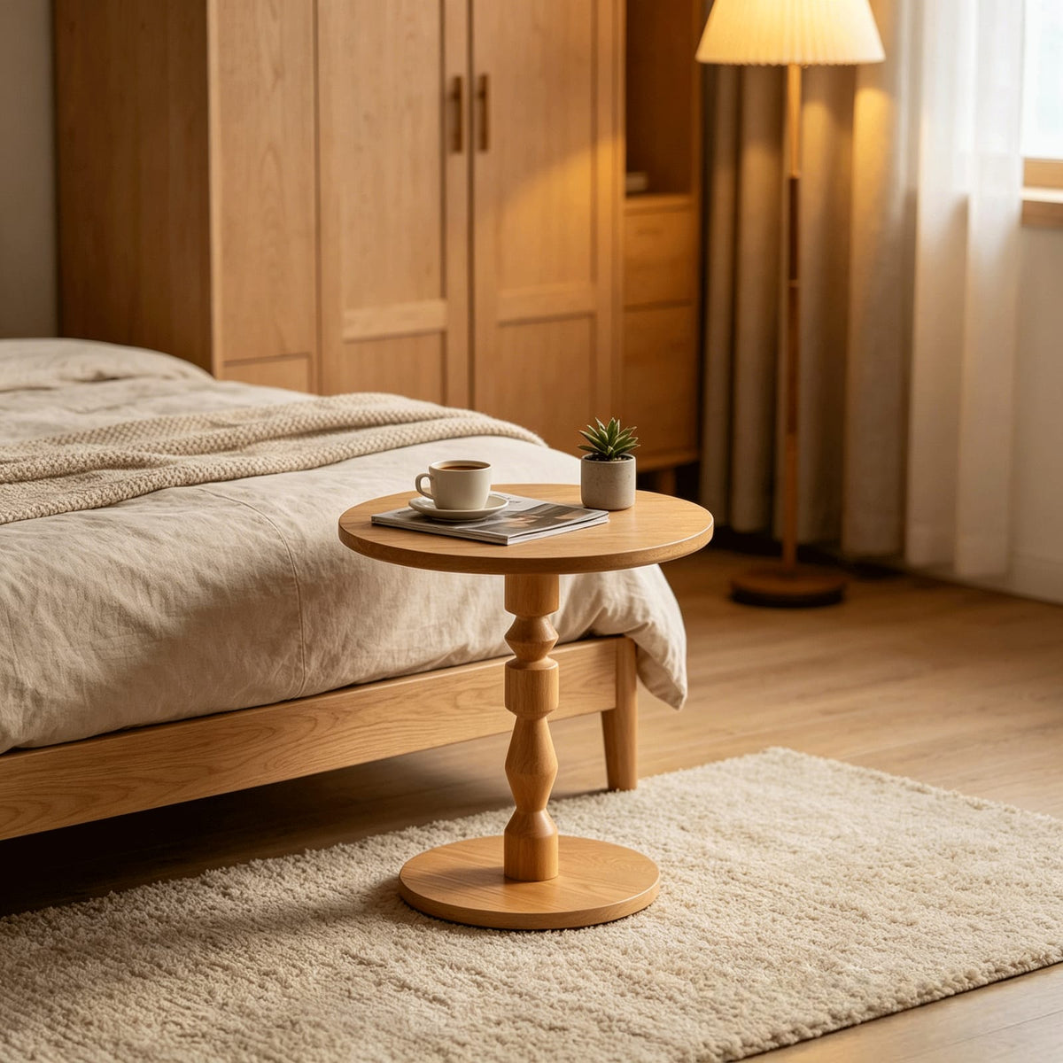 Round Side Table - Light Oak, Mid-Century Modern Style