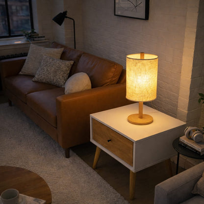 Brown Wood Table Lamp - 5.5" Modern Rattan Shade