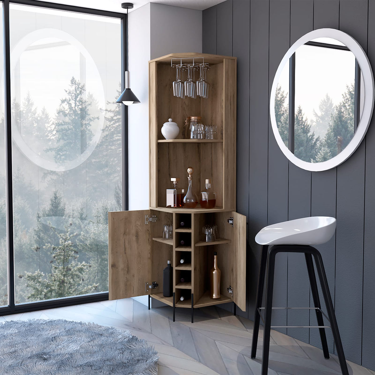Reese Corner Bar Cabinet - 5 Wine Racks, Beige Particle Board