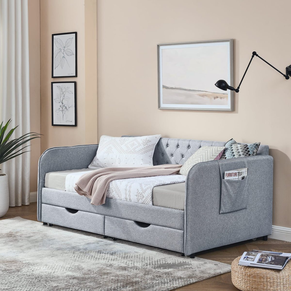 Grey Linen Daybed with Trundle - Twin to King Size