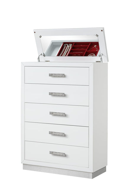 Modern White Dresser with 5 Drawers & Mirror Lid