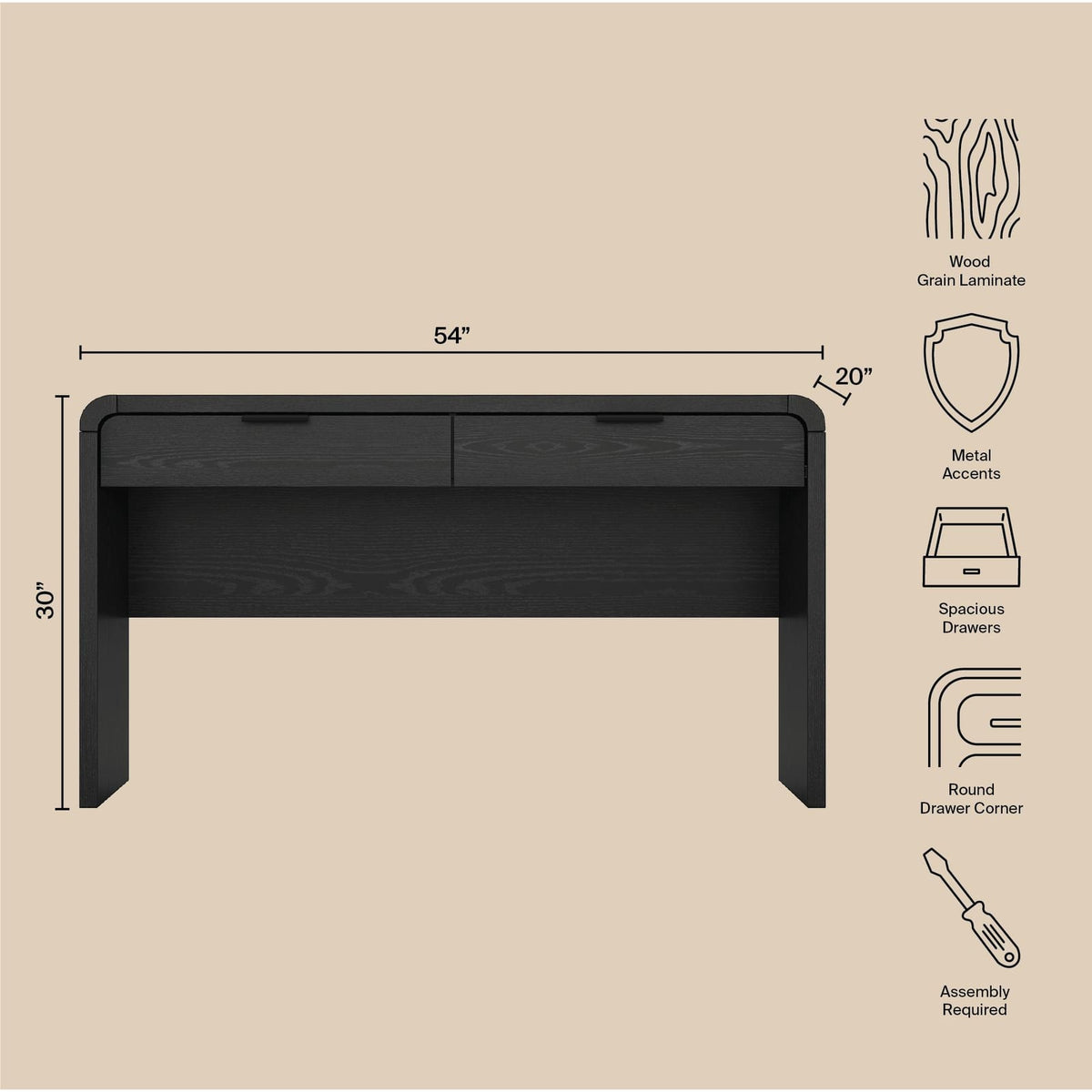 Black MDF Office Desk with Drawers, 54" x 20" x 30" for Home Office