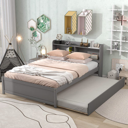 Full Size Bed with Trundle & Bookcase Headboard - Grey Pine