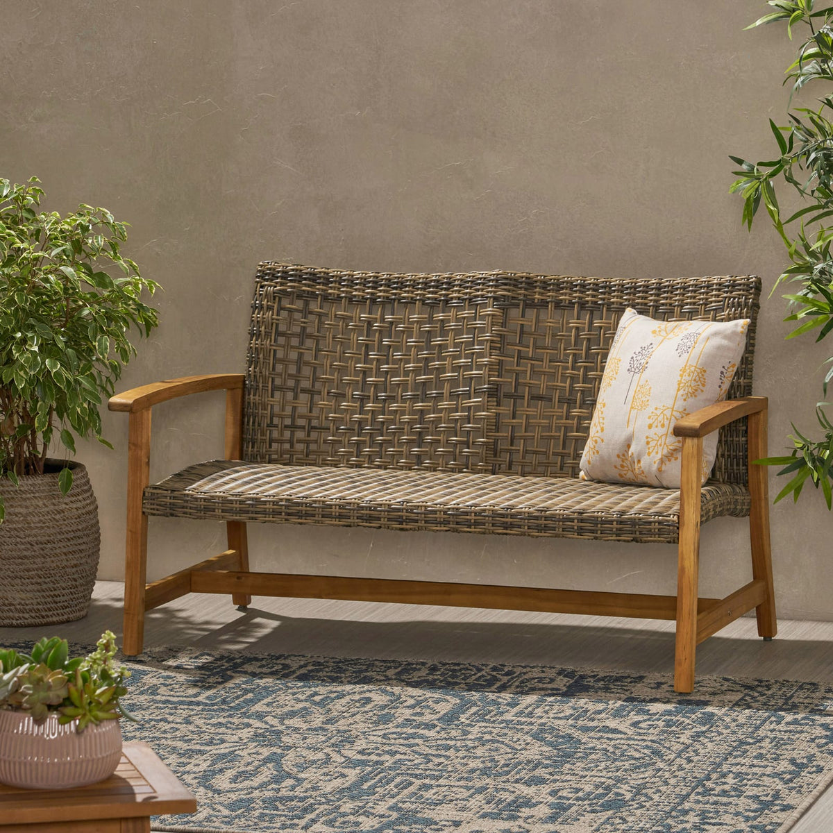 Natural Grey Acacia Wood Wicker Loveseat for Patio Seating