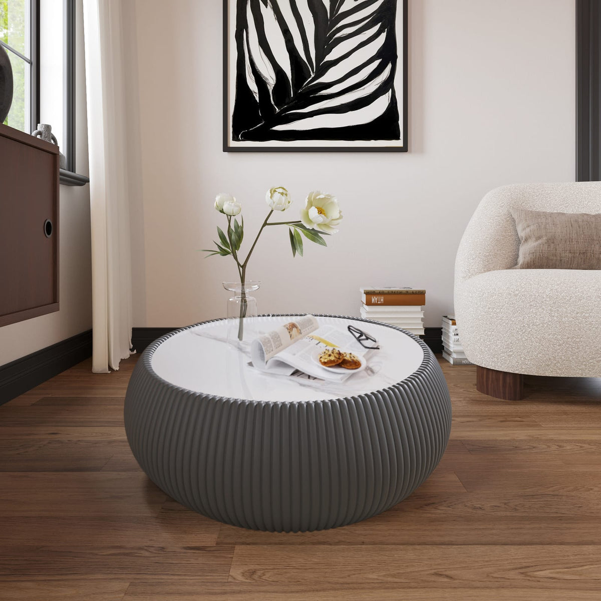 Light Sintered Stone Top Drum Shape Leather Coffee Table - Modern Sofa Table