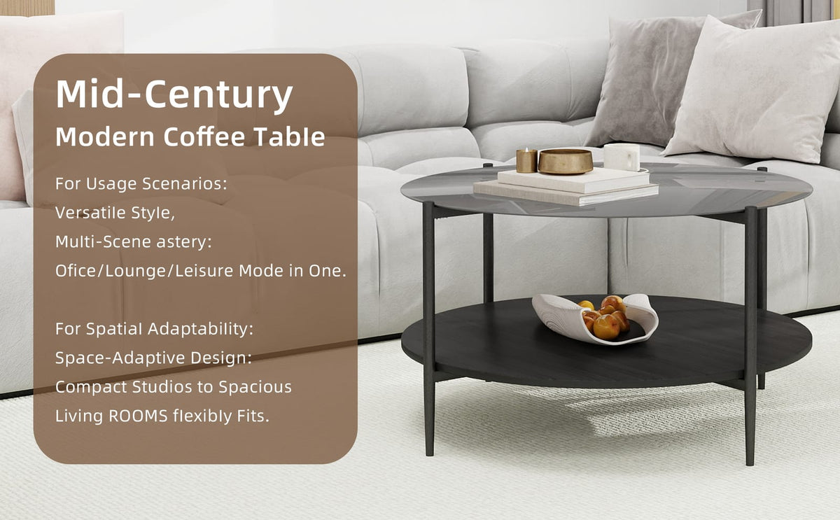 Black Oval Coffee Table with Glass Top & Wooden Shelf