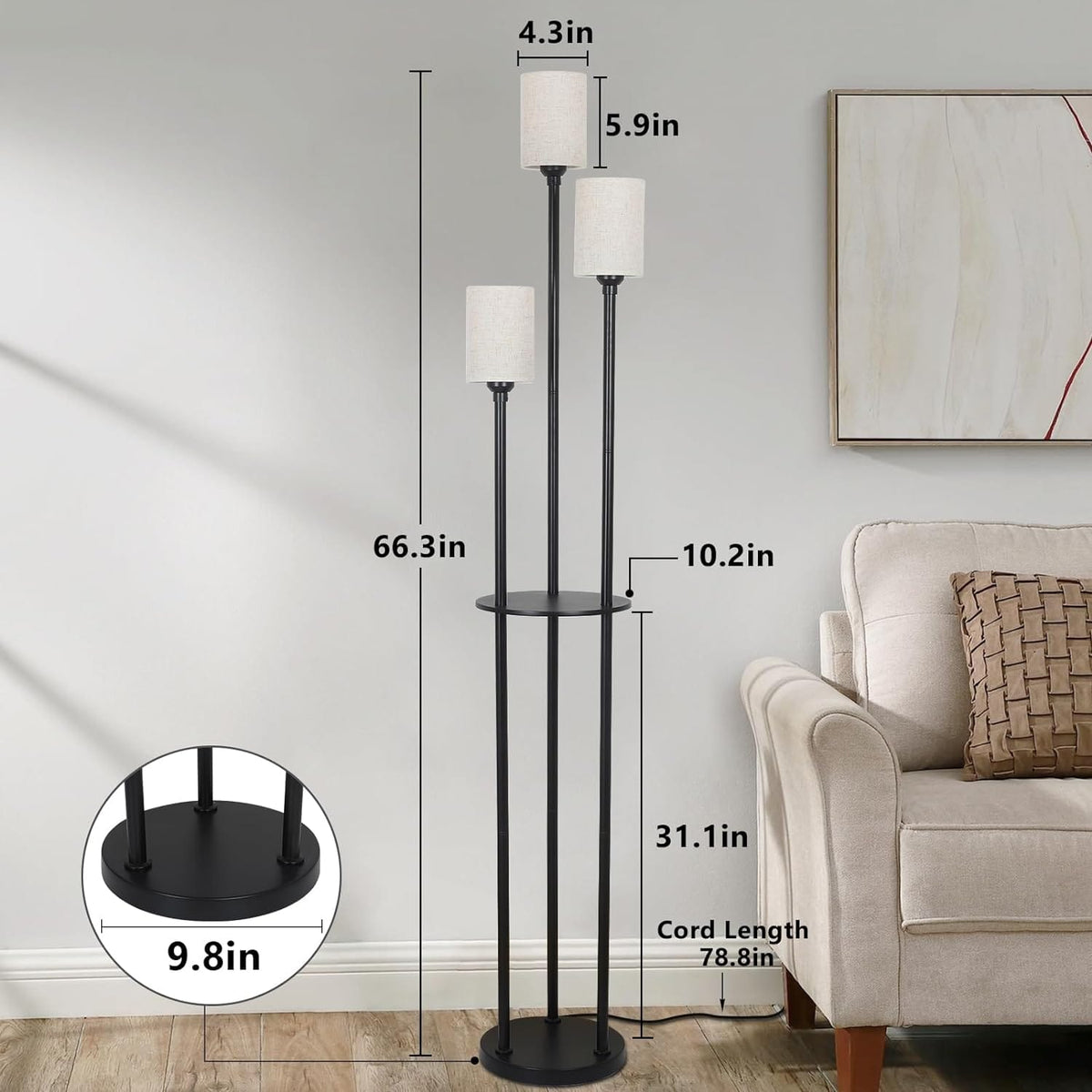 3-Light Rattan Metal Floor Lamp with Shelves - Brown Black Bedroom Lighting
