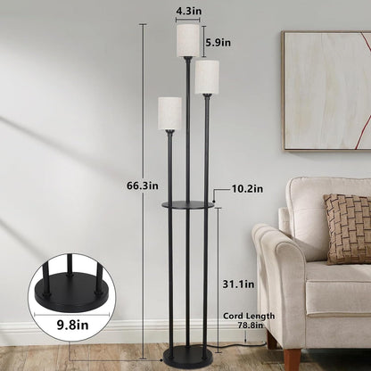 3-Light Rattan Metal Floor Lamp with Shelves - Brown Black Bedroom Lighting