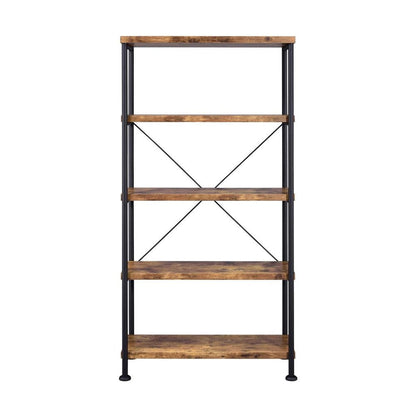 5-Shelf Bookcase in Antique Nutmeg and Black - Display Shelving for Living Room