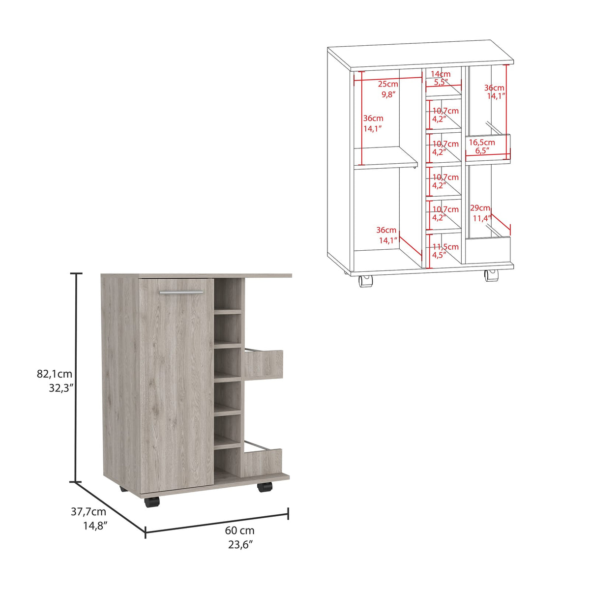 Light Gray Particle Board Bar Cart with Casters for Kitchen Storage
