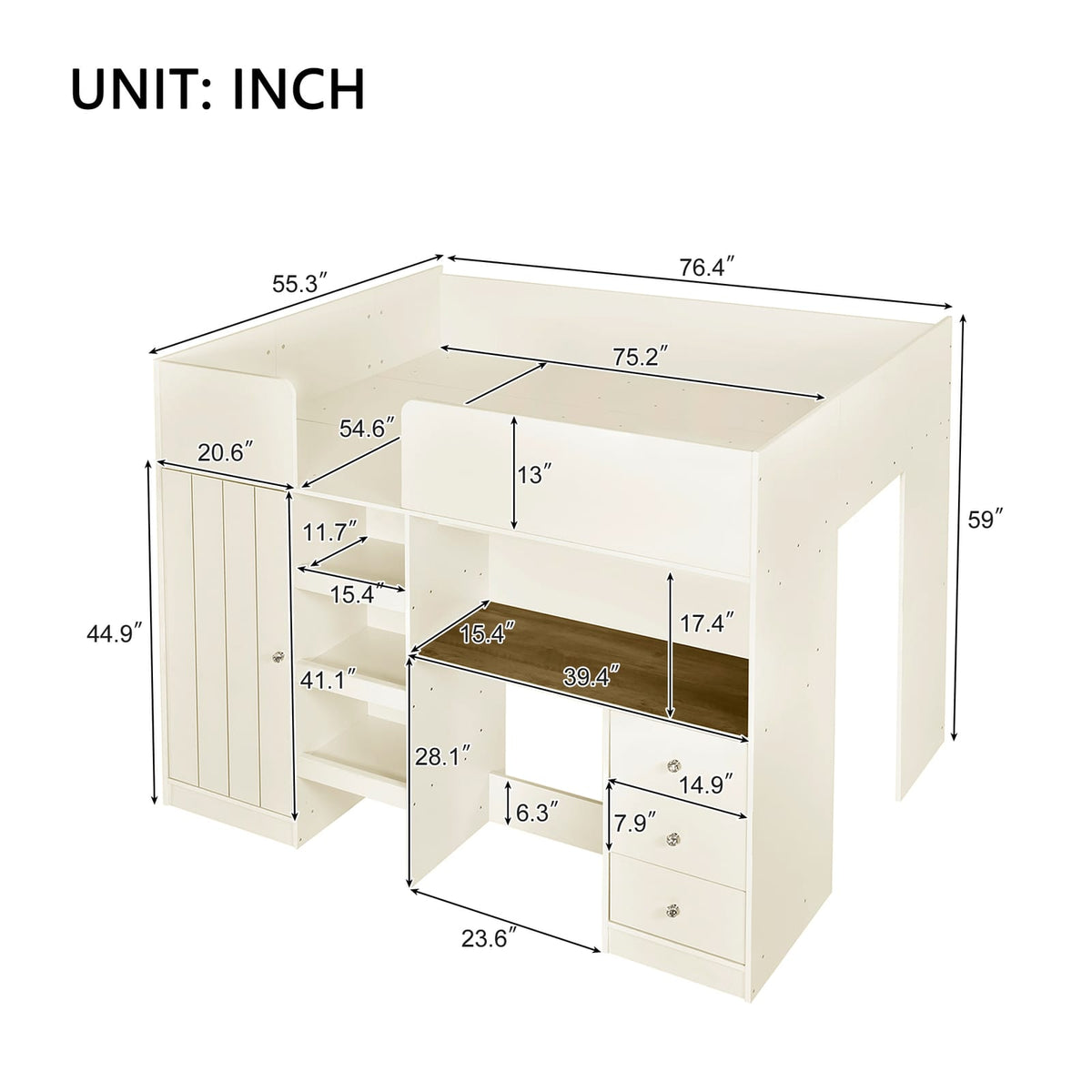 Full Size Bed Frame with Wardrobe & Desk - Beige Wood for Bedroom