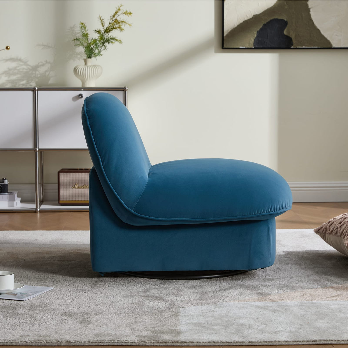 Swivel Accent Chair - Smoke Blue Velvet, 360° Base for Living Room