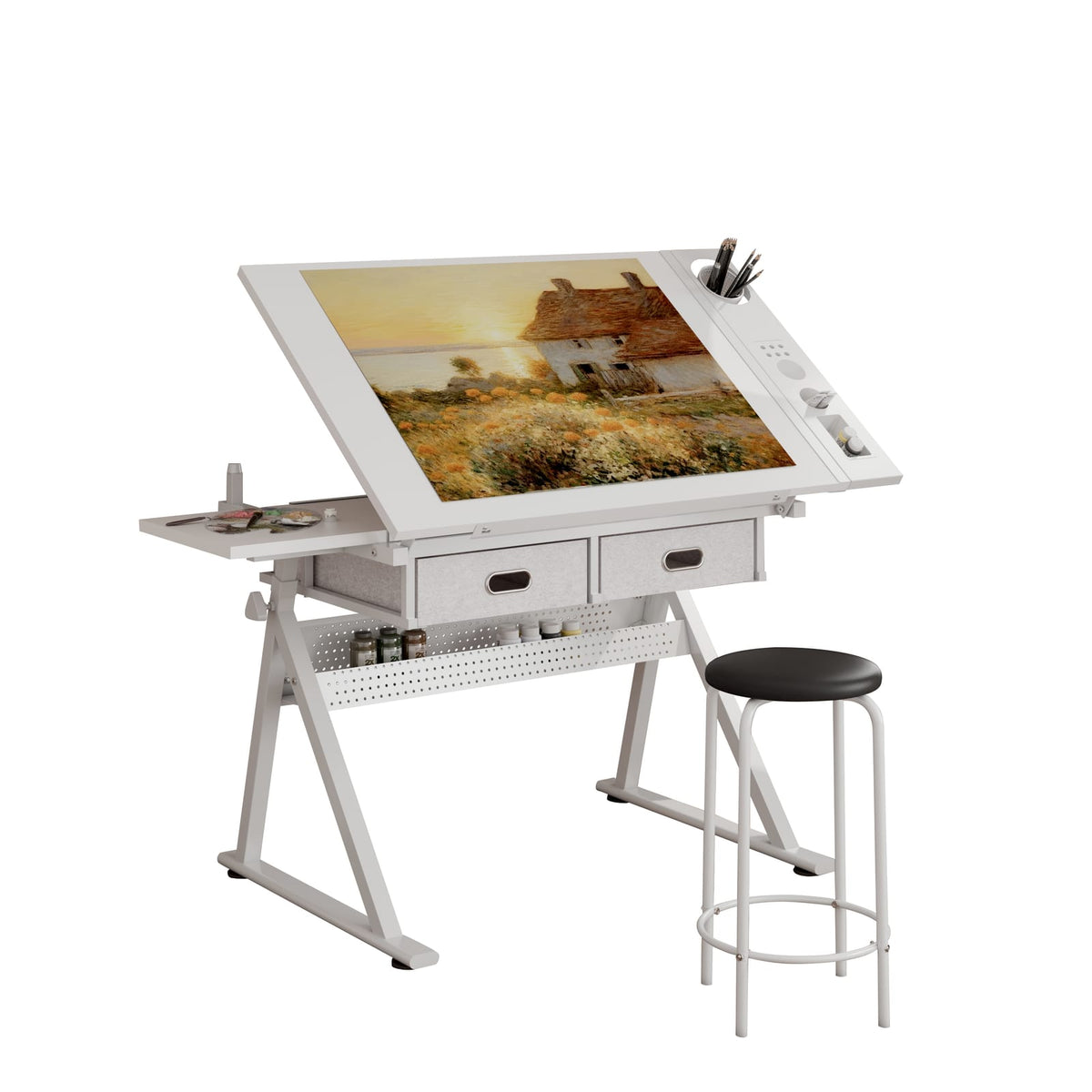 Adjustable Drafting Desk - White with 2 Drawers & Stool