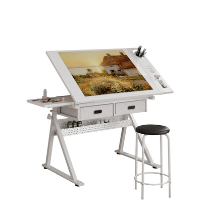Adjustable Drafting Desk - White with 2 Drawers & Stool