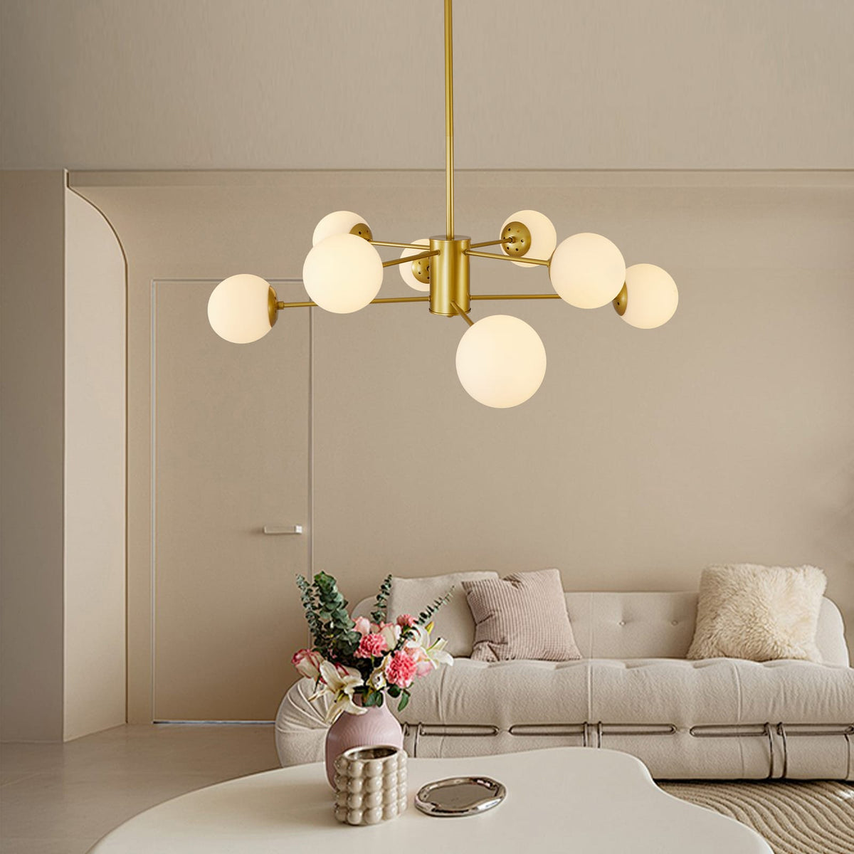 35" Modern Gold Chandelier with White Glass Shades - Dining Room Lighting