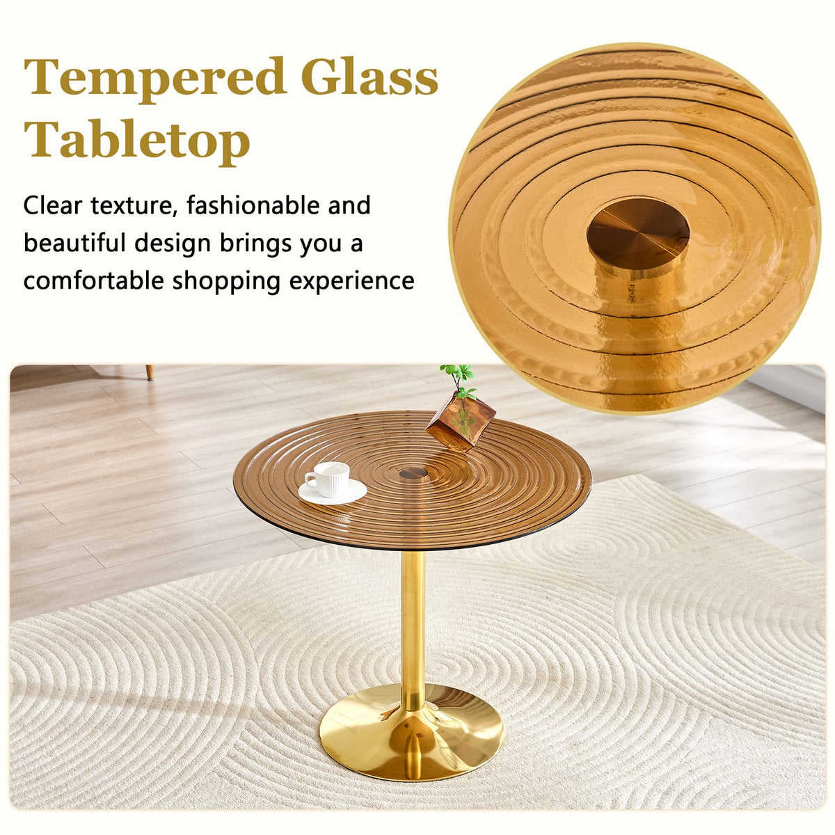 35 Inch Brown Ring Glass Round Table - Gold Metal Frame for Living Room