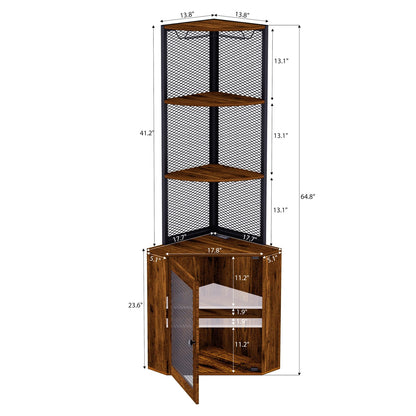 Rustic Brown Wood Corner Cabinet - 65" Storage Shelf with Charging Station