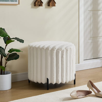 Beige Faux Fur Round Pouf Ottoman - Lightweight Foot Rest for Living Room