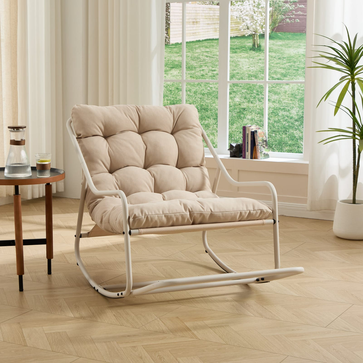 Beige Steel Outdoor Rocking Chair for Garden or Poolside Relaxation