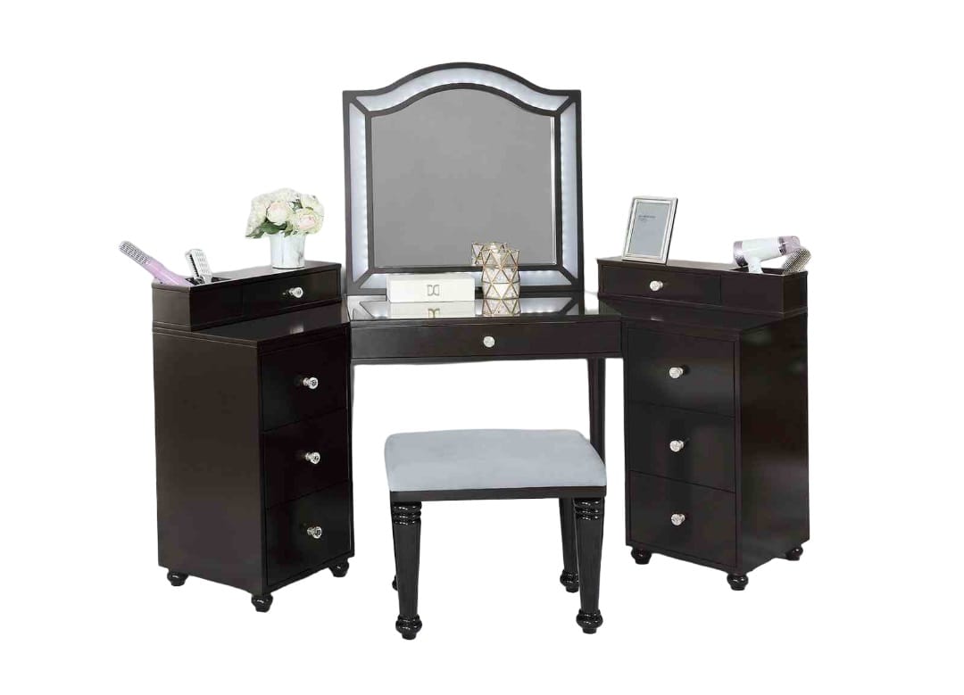 Grey Mix Mirror & Wood Makeup Vanity with 5 Drawers for Bedroom