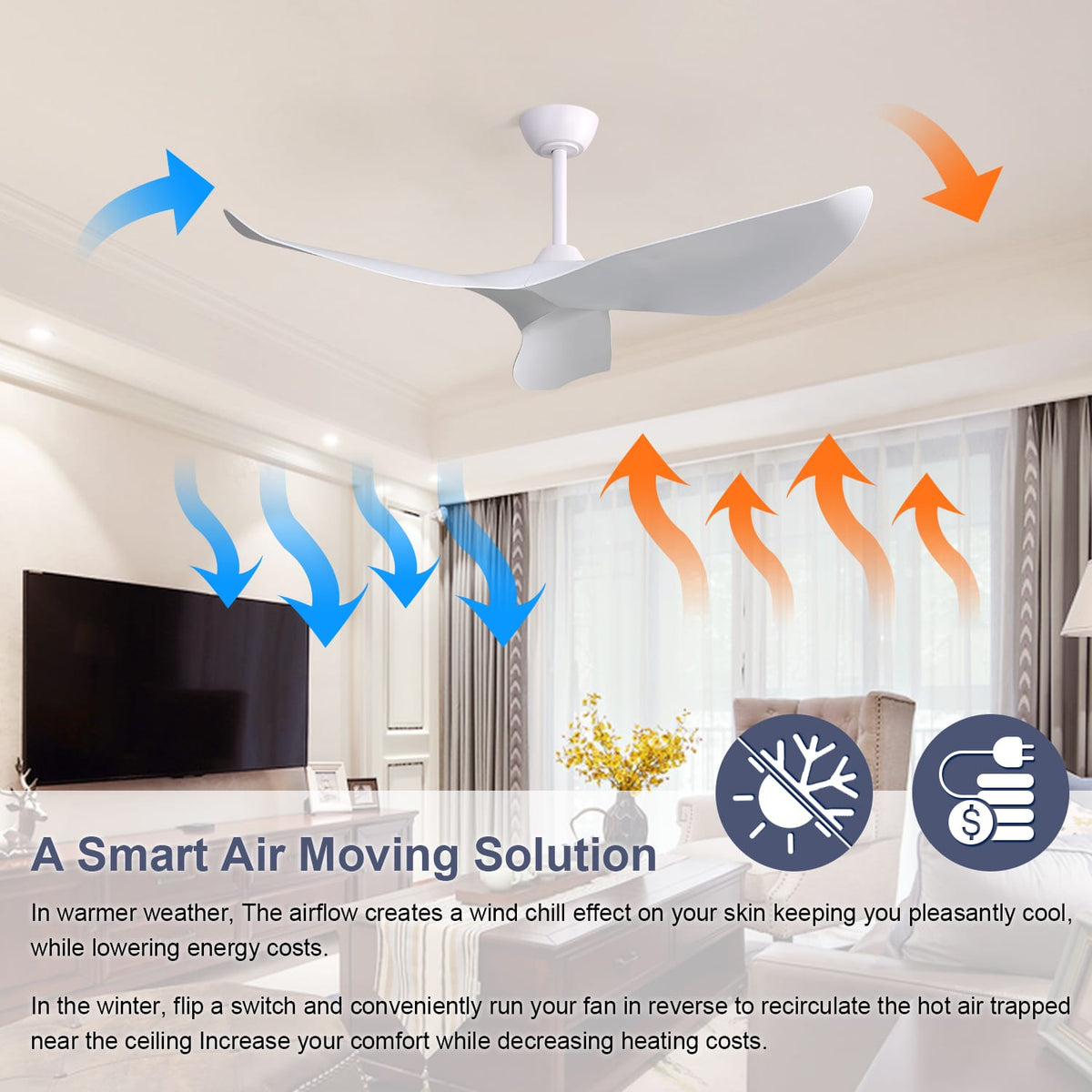 52 Inch White Ceiling Fan with Remote Control